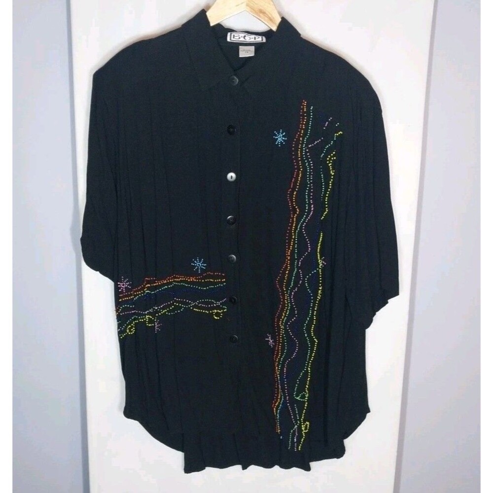 Vintage Bop 1X Black Rayon Beaded Art To Wear Blouse High Low Button Front